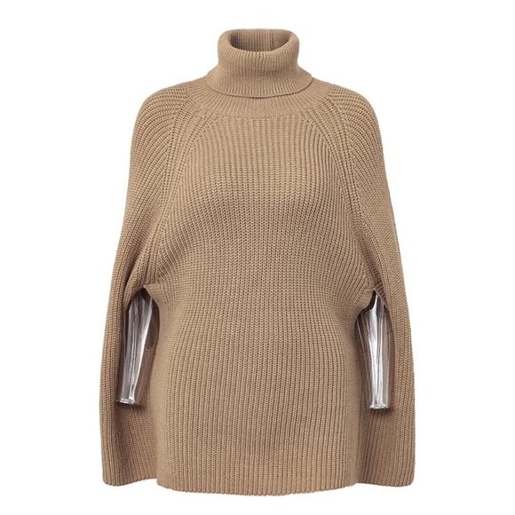 Khaki Knit Turtleneck Poncho - Picture 6 of 8